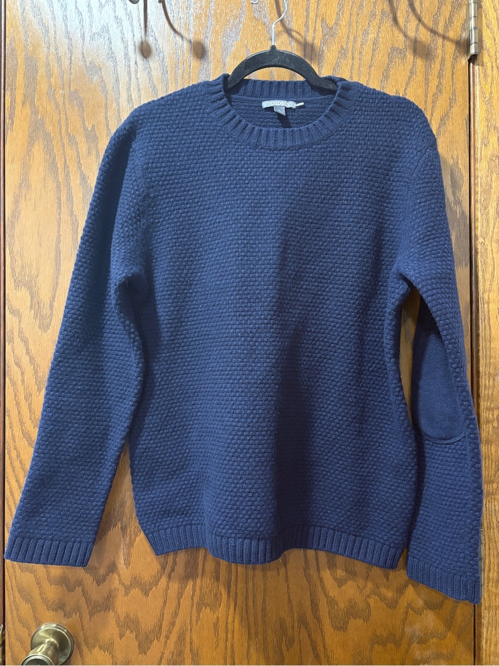 Toad & Co Malamute 100% Lambswool Waffle Knit Crew Sweater Elbow-Patch Navy L